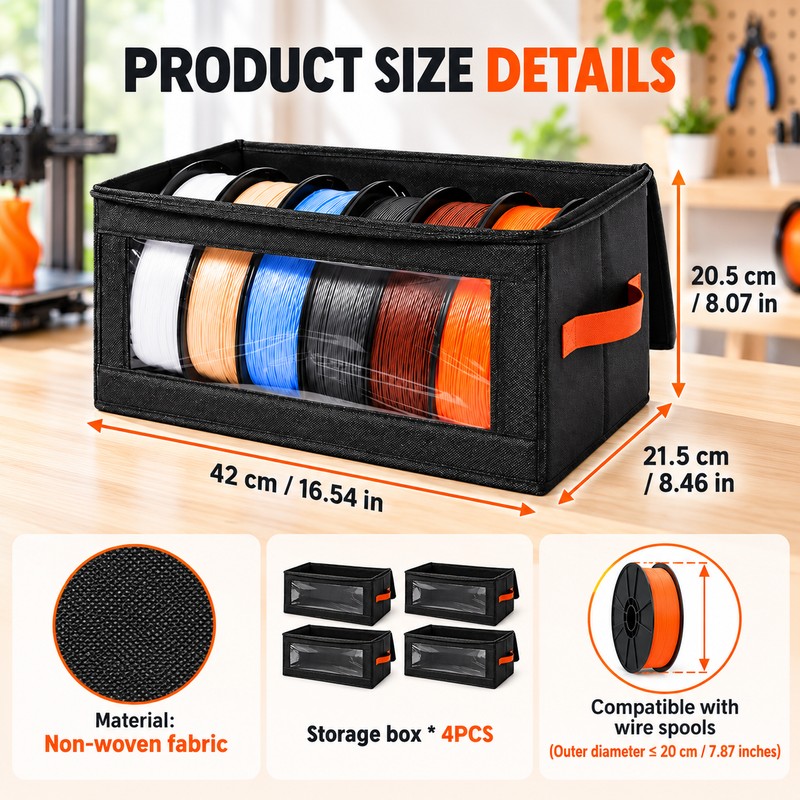 4-Piece 3D Printer Filament Storage Box Set for Spool Organization
