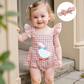 Xnqiwq Baby Girl Summer Romper Goose Outfit Newborn Ruffle Overalls Sleevless Plaid Bodysuit Headband Infant Farm Clothes (Pink, 3-6 Months)