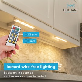 Brilliant Evolution Wireless LED Under Counter Lights with 2 Remote Controls - 6-Pack Battery Operated Under Cabinet Lighting Fixtures - Stick On Push Lights with Timer - Warm White, 8.5" x 2" x 0.6"