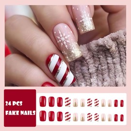 Bufenia 24 Pcs Christmas False Nails Square Snowflake Press on Nails Xmas Square Red Fake nails Acrylic Full Cover Stick on Nails for Women and Girls (I)