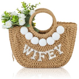 Pinkunn Bride Gift Beach Bag Mrs Handwoven Straw Bag Rhinestone Pearl Letters Purse Bachelorette Wedding Honeymoon Essentials(Wifely, Pearl Letter)