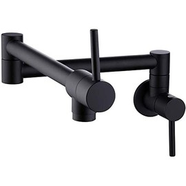 Kitchen Pot Filler Faucet Lead-Free Brass Double Joint Swing Arm Folding Sink Faucet Articulating Wall Mount Two Handle (Matte Black)
