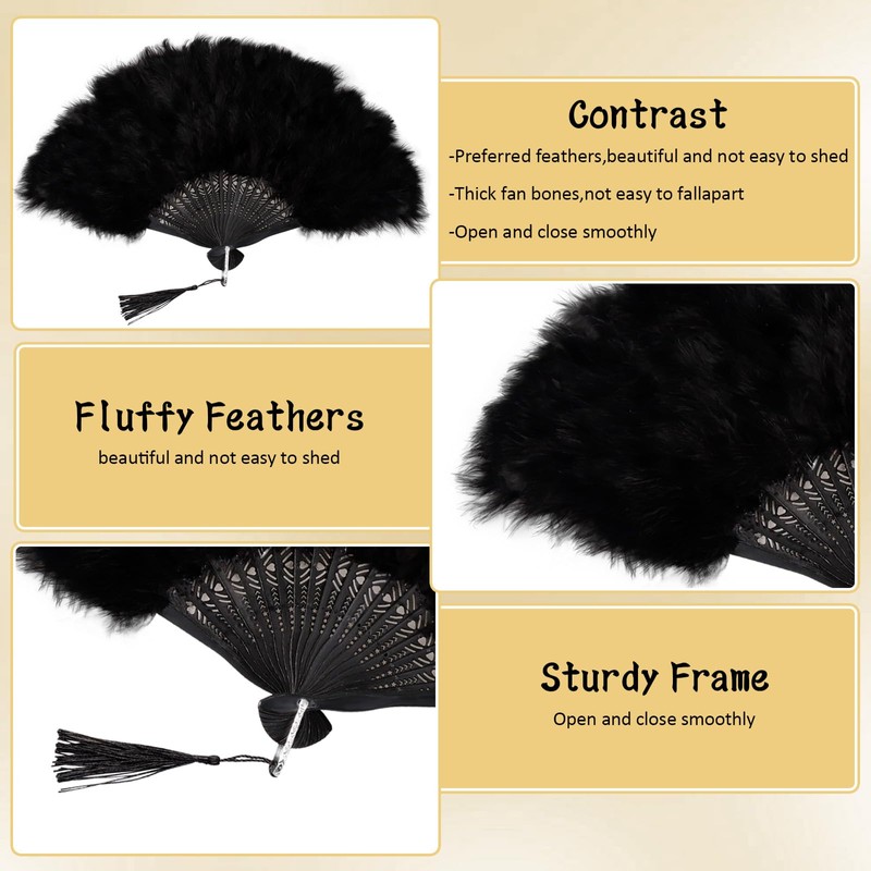 Black Feather Fan Marabou Vintage Foldable Fan Rave Handfan Renaissance