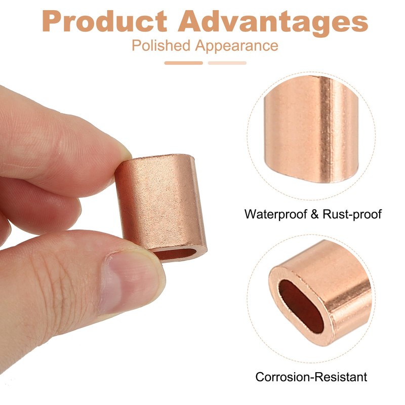 sourcing map 3/16"(5mm) Wire Rope Stop Sleeve, Copper Crimping Loops