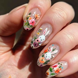 Almond Easter Day Press on Nails Rabbit Design Fake Nails Spring Flowers Medium Easter Acrylic Nails Kit Medium Length Glue on Nails Glossy Easter Bunny Stick on Nails for Women Finger Manicure