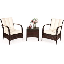 COSTWAY 3 Pieces Patio Rattan Furniture Set, Outdoor Conversation Chair Set with Coffee Table & 2 Cushions for Backyard, Porch, Poolside, Lawn, Garden, White