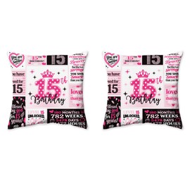 Ufeela 15th Birthday Gifts for Girls Pillow Covers Set of 2 18Wx18L Inch Pillow Cases Pink Happy Birthday Girly 15 Year Old Girl Cute Inspirational Postive Cushion Cases Covers for Bed Sofa Home Decor