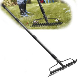 TAILERNRUYE 63 inch Bow Rake, 2-in-1 Metal Garden Lawn Rake for Weeding Digger Loosening Soil Raking Leaf Leveling Rocks Spreading Mulch Gravel 17 Tines Adjustable Garden Rake