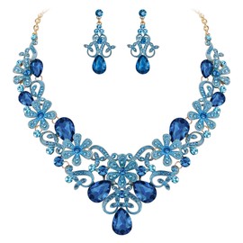 BriLove Women's Costume Elegant Crystal Flower Scroll Teardrop Statement Necklace Dangle Earrings Set Blue Topaz Color Gold-Toned