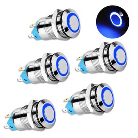 12V 24V 12mm Latching Push Button Switch with High Round Cap, Waterproof Metal Pushbutton Switch Stainless Steel 1NO1NC SPST ON/OFF Self-Locking Marine Switch for 1/2" Mounting Hole (5PCS, Blue Light)