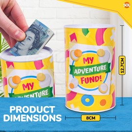 SOL 2pk My Adventure Fund Money Box, 8cm x 12.7cm Break-to-Open Tin, Unopenable Piggy Bank for Adults and Kids, Large Capacity, Colourful, Ideal for Gifting and Achieving Saving Goals