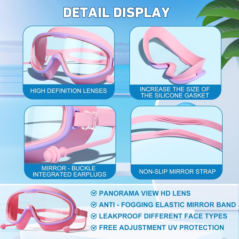 Kids Swim Goggles HD Children's Large Frame Waterproof and Anti-fog