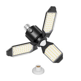 Kryoza Motion Sensor Garage Light 80W 8000LM, Motion Activated Shop Light with 360° Detection and 3 Deformable Panels, 3 Modes Screw-in Garage Ceiling LED Bulb for Indoor Basement, Attic 1-Pack