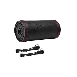 Genuine Leather Car Steering Wheel Cover, DIY Sewing Stitch on Wrap Auto Wheel Cover with Needle Thread, Breathable Anti-Slip Vehicle Steering Stitching Protector, Universal Fit (Black/Red)