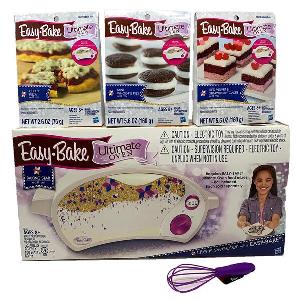 Easy Bake Oven Easy Bake Ultimate Oven Bundle Baking Star Edition + Larger Size 13.8 Oz. 3-Pack Refill Mixes (Pizza, Whoopie Pies and Red Velvet & Strawberry Cakes) + Mini Whisk