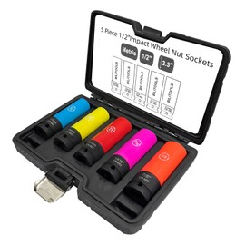 NORTOOLS 1/2-Inch Drive Lug Nut Socket Set, 5pcs Lug Nut Thin Wall Deep Socket Set with Color-Coded Protective, (Metric 17mm, 19mm, 21mm & SAE 13/16" 7/8") CR-MO Steel, 6 Point, Non-Marring