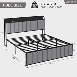 VECELO Bed Frame Full Size with Headboard, Upholstered Platform Bedframe, Heavy Duty Metal Slats, No Box Spring Needed, Easy Assembly, Grey