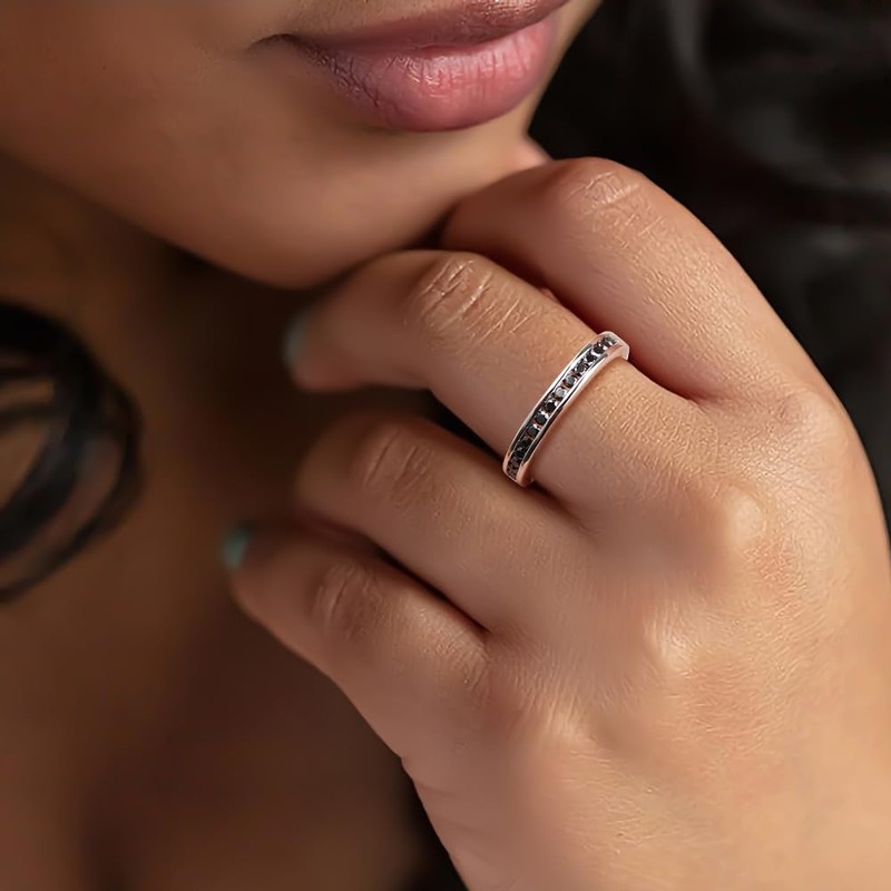 RANDES Black Moissanite Half Eternity Ring for Women Wedding Band