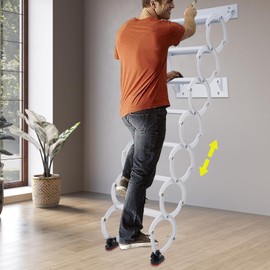 7 Steps Wall Mounted Attic Ladder, Folding Stairs Attic Ladder Pull Down System Metal Retractable Ladders Loft Extension Steps Stair for Garages, RV, Storehouse (White)