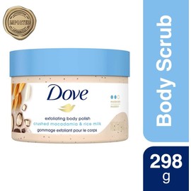 Dove, Exfoliating Body Polish, Macadamia and Rice Milk, Exfoliante Corporal, Macadamia y Leche de Arroz, Piel Suave y Nutrida, Sin Sulfatos, 298 gramos