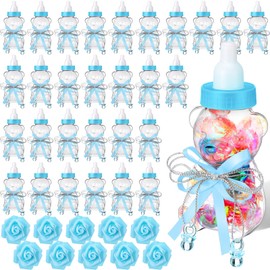 48 Pcs 4.7 Inches Baby Shower Bear Bottles Bulk Mini Clear Milk Plastic Bear Candy Bottles with Ribbon Artificial Roses for Baby Shower Favor Gift Newborn Party Decor(Blue)