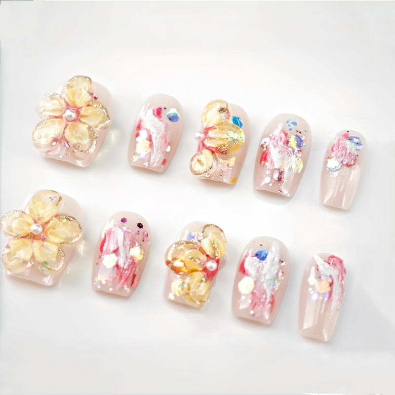 farfarflame Handmade Nail Tip, Short, False Nail Stand, 3D Diamond,