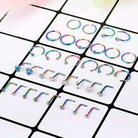Longbeauty 32Pcs C-Shaped Nose Ring L-Shaped Nose Studs Bone Tragus Cartilage Hoop Rings Piercings 20g for Men Women (L-Shape & C-Shape, Rainbow)