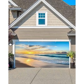 Sunset Beach Spray Garage Door Decorations, Large Hanging Garage Door Cover Banner with Grommets, Sea Sky Ocean Backdrop Door Mural for Indoor Outdoor Party Wall Window Yard, 7x8ft