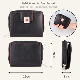 MANAGE Premium Women's Purse Black/Red - RFID NFC Protection - Spacious Genuine Leather Purse Women Medium Size - Leather Purse Many Compartments with Zip (Black/Red), black/red, Classic