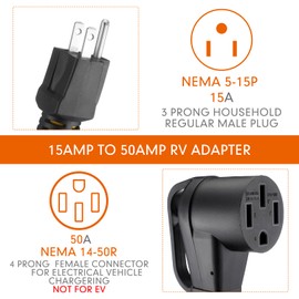 Tellegloww 50 Amp to 15 Amp 110 Volt Rv Adapter Cord Compatible with Nema 5-15p to 14-50r, 15a 3 Prong Male to 4 Prong 50a Female STW 10 Gauge for Rv Trailer Camper(Not for Ev), Etl Listed, 1ft