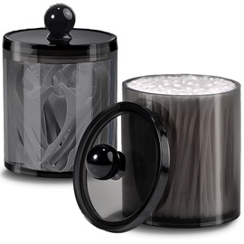 AIMIXUN 2 Stk Wattestäbchen Behälter Schwarz, Behälter für Wattepads, Kosmetik Organizer, Transparent Schwarz Dispenser Apothecary Jars Bathroom Set für Runde Wattepads, Zahnseide, Haarspangen