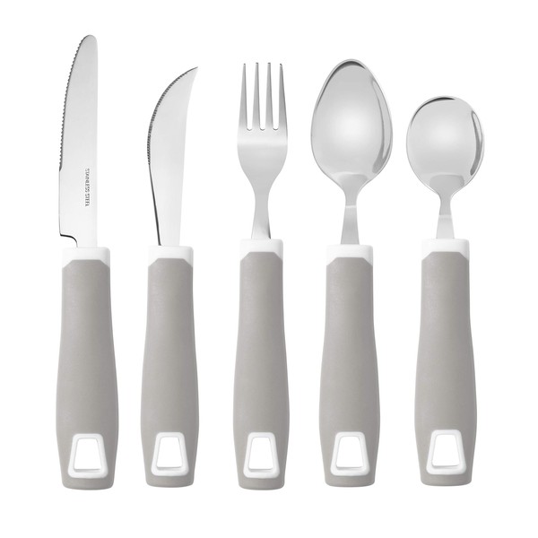 Special Supplies Adaptive Utensils 5-Piece Set Non-Weighted, Non-Slip Handles for Hand Tremors, Arthritis, Parkinson’s or Elderly Use - Stainless Steel Knife, Rocker Knife, Fork, Spoons - Gray