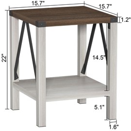 Treocho Farmhouse End Table Set of 2, Rustic Vintage Nightstand Side Table with Shelf for Living Room, Antique White & Brown