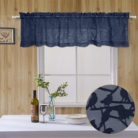 OVZME Anji Bird 2 Panels Sheer Kitchen Valances for Windows 14 Inches Long, Classic Rod Pocket Light Filtering Semi Navy Blue Sheer Curtains for Bedroom Basement Short Window, 38Wx14L Inches