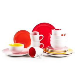 HomeVss, Stoneware Coupe Shape Dinnerware Set, Outside White + Inside (16pc Set, Very Rose)