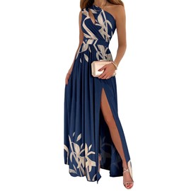 ECDAHICC Women's Sexy One Shoulder Cutout Pleated Maxi Dress Sleeveless High Slit Formal Evening Party Bridesmaid Dresses(ZQ2,M)