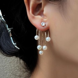 Atentuyi Boho Wedding Tiny Pearl Drop Dangle Earrings Gold Tassel Chain Earrings Small CZ Stud Earrings Crystal Ear Jacket Pearl Front Back Earrings Bridal Jewellery for Women and Girls