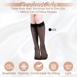 Yuanchu 10 Pairs Knee High Stockings for Women, 18 Denier Sheer Socks with Reinforced Toe Trouser Socks One Size(Black)