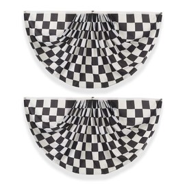 Checkered Flag Racing Outdoor Decorations - 3 x 6 Ft Checkered Pleated 2 Pcs Half Fan Banner, Black and White