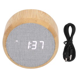 Digital Alarm Clock Round LED Voice Control Brightness Adjustable 12h 24h Clock for Office Dorm Bedroom Bamboo Wood