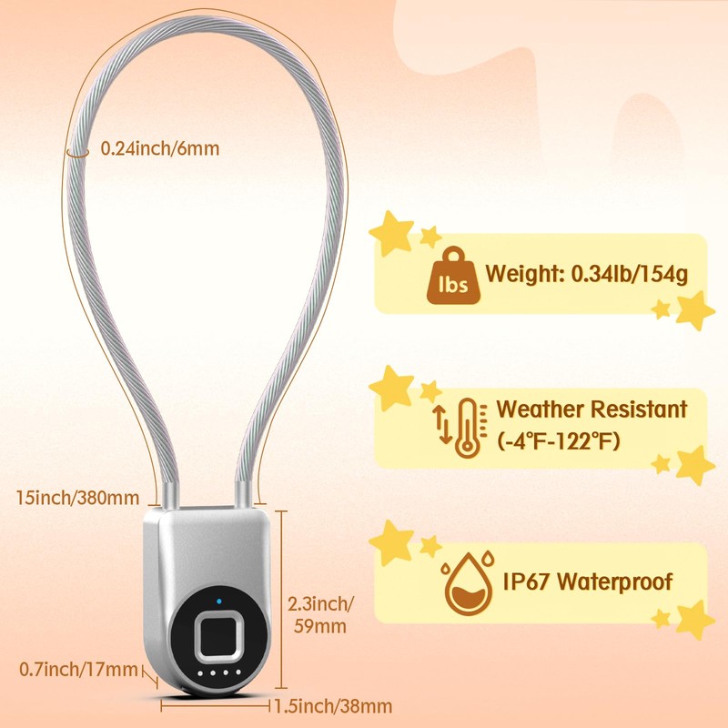 Bestkid Fingerprint Cable Lock, Childproof Fingerprint Padlock Bluetooth APP Contral,