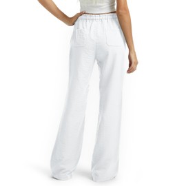 SEVEGO Women's Casual Linen Pants Long 32" Inseam Flared Leg Smocked Waist Beach Summer Slacks, White, Large