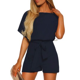 Vetinee Womens Navy Blue Summer Casual Belted Romper Keyhole Back Short Sleeve Jumpsuit Playsuit Medium