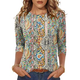LOMON 3/4 Length Sleeve Womens Tops Round Neck Tunic Shirts Dressy Casual Button Blouse Trendy 2025 Summer(Boho Print,L)