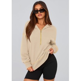 PRETTYGARDEN Women's 2025 Fall Hooded Sweatshirts Long Sleeve Half Zip Cropped Hoodies Pullover Winter Fashion Clothes (Beige,Medium)