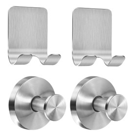 Bruzdi Suction Cup Hooksand Adhesive Hooks, 4 Pack – Matte Black Stainless Steel Robe Hooks for Bathroom, Kitchen, Bedroom, Hotel, Pool - Sliver