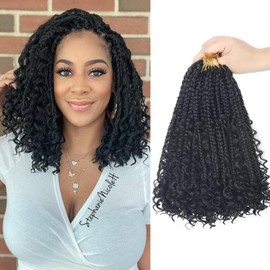 10 Inch Boho Box Braids Crochet Hair Pre Looped 1B - Goddess Box Crochet Hair with Curly Ends, 8 Packs Crochet Braids for Black Women Synthetic Hair Extensions