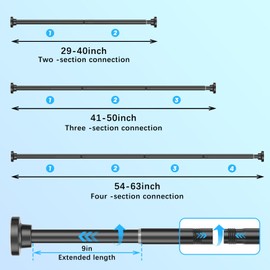 AIZESI Spring Tension Curtain Rod 29-63 Inch Black Stainless Steel Telescoping Rod No Drill for Window or Shower