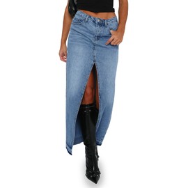 Fisoew Women's Long Denim Maxi Skirts High Waisted Frayed Hem Western Split Jean Skirt Streetwear