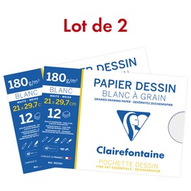 Clairefontaine 196155AMZC Set of 2 Packs of Drawing Paper 180 g, Total 30 Sheets, DIN A4, Ideal for Technical Drawing1 Set, White